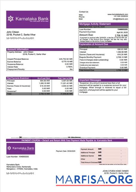 Realistic India Karnataka Bank mortgage statement Word and PDF template